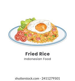 Hand drawn vector illustration of fried rice with sunny side up egg Indonesian food
