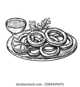 Hand drawn vector illustration of fried onion rings with lemon and delicious sauce