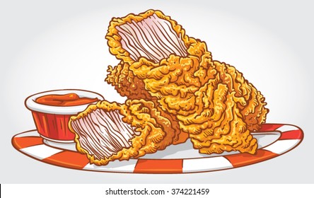 Hand Drawn Vector Illustration Of Fried Crispy Chicken Strips With Dip On A Plate.