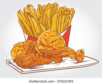 Hand Drawn Vector Illustration Of Fried Chicken Drumsticks With French Fries.