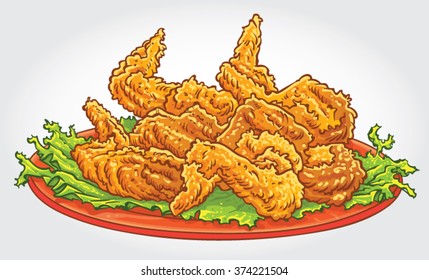 Hand drawn vector illustration of Fried Chicken Wings with lettuce on a plate.