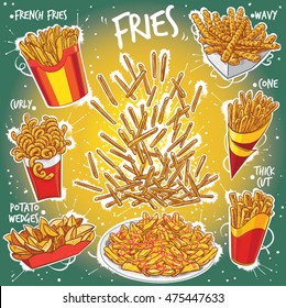  Hand drawn vector illustration of Fries, French Fries, Chips, French-fried Potato variations; wavy fries, curly fries, fries in cone, potato wedges, thick cut fries, fries on plate.