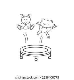 hand drawn vector illustration of frog and kangaroo jumping on trampoline