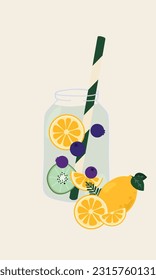 Hand drawn vector illustration of fruit infused water in a glass jar. Different assortment fruits and vegetables in a water for detox and refreshment for a tropical holiday