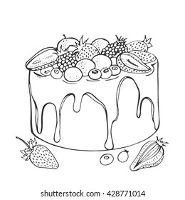 Hand drawn vector illustration with fruit chocolate cake and berries for birthday holiday, isolated on white background. 