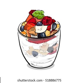 A hand drawn vector illustration of a fruit parfait Dessert Ice Cream. 