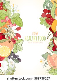 Hand drawn vector illustration of fruits and berries. Apple, apricot, lemon, orange, peach on light background can be used for invitation, banner template, card, flyer, sale, website, menu, cover