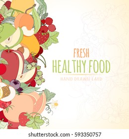 Hand drawn vector illustration of fruits and berries. Apple, apricot, lemon, orange, peach on light background can be used for invitation, banner template, card, flyer, sale, website, menu, cover