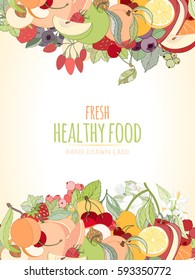 Hand drawn vector illustration of fruits and berries. Apple, apricot, lemon, orange, peach on light background can be used for invitation, banner template, card, flyer, sale, website, menu, cover