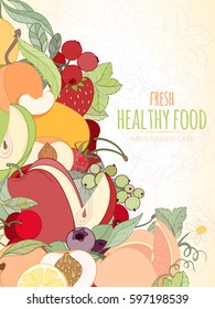 Hand drawn vector illustration of fruits and berries. Apple, apricot, lemon, orange, peach on light background can be used for invitation, banner template, card, flyer, sale, website, menu, cover