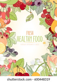 Hand drawn vector illustration of fruits and berries. Apple, apricot, lemon, orange, peach on light background can be used for invitation, banner template, card, flyer, sale, website, menu, cover