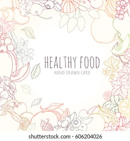 Hand drawn vector illustration of fruits and berries. Apple, apricot, lemon, orange, peach on light background can be used for invitation, banner template, card, flyer, sale, website, menu, cover