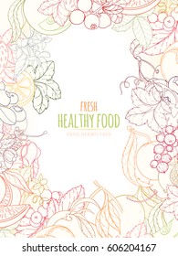 Hand drawn vector illustration of fruits and berries. Apple, apricot, lemon, orange, peach on light background can be used for invitation, banner template, card, flyer, sale, website, menu, cover