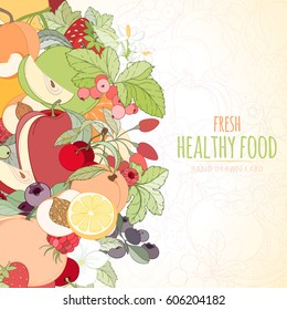 Hand drawn vector illustration of fruits and berries. Apple, apricot, lemon, orange, peach on light background can be used for invitation, banner template, card, flyer, sale, website, menu, cover