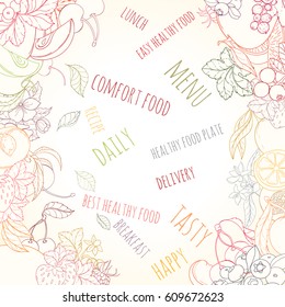 Hand drawn vector illustration of fruits and berries. Apple, apricot, lemon, orange, peach on light background can be used for invitation, banner template, card, flyer, sale, website, menu, cover