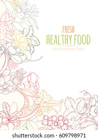Hand drawn vector illustration of fruits and berries. Apple, apricot, lemon, orange, peach on light background can be used for invitation, banner template, card, flyer, sale, website, menu, cover