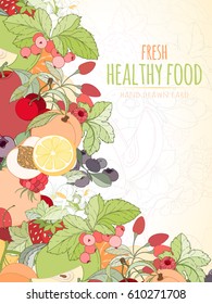 Hand drawn vector illustration of fruits and berries. Apple, apricot, lemon, orange, peach on light background can be used for invitation, banner template, card, flyer, sale, website, menu, cover