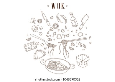 Hand drawn vector illustration of frying pan with noodles. Chinese food. Wok, cut ingredients and kitchen utensils. Asian cuisine. Design for restaurant or cafe