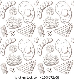 Hand drawn vector illustration of Full English Breakfast plate with sausage, egg, toasted bread, blood sausage, tomato, beans and mushroom. Vector seamless pattern background. Ink engraving drawing