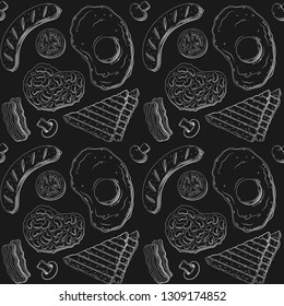 Hand drawn vector illustration of Full English Breakfast plate with sausage, egg, toasted bread, blood sausage, tomato, beans and mushroom. Vector seamless pattern background. Ink engraving drawing