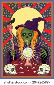 hand drawn vector illustration full color witch skeleton with glazing crystal ball, skulls, bones. Good for  poster, collection, card, etc