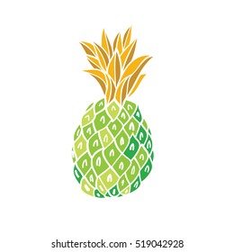 Hand drawn vector illustration with funky and bright colourful pineapple in pop art minimalistic style.Acid green and golden leaves. Could be used as print,  poster,  background, ornament.
