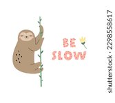 Hand drawn vector illustration of funny sloth on a tree. Free hand image for kids designs, clothes, frame art, decorations