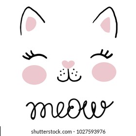 Hand Drawn Vector Illustration Of A Funny Cat Girl Face In A Flower Chain, With Text Meow. Isolated Objects On White Background. Design Concept For Children.