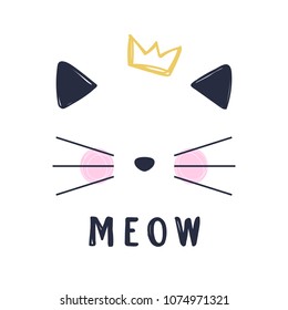 Hand drawn vector illustration of a funny cat girl face with crown and text Meow. Isolated objects on white background. Design concept for children.