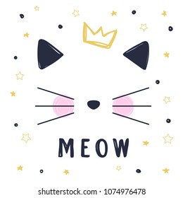 Hand drawn vector illustration of a funny cat girl face with crown and text Meow. Isolated objects on white background.