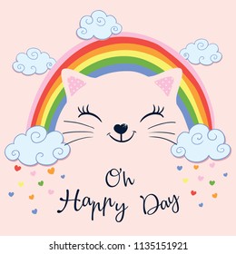 Hand drawn vector illustration funny  cat under the rainbow. Design concept for children print.