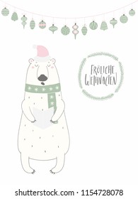 Hand drawn vector illustration of a funny singing polar bear, with quote Frohliche Weihnachten, Merry Christmas in German. Isolated objects on white background. Flat style design. Concept card, invite