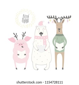 Hand drawn vector illustration of funny singing polar bear, pig, deer, with quote Buon Natale, Merry Christmas in Italian. Isolated objects on white background. Flat style design. Concept card, invite