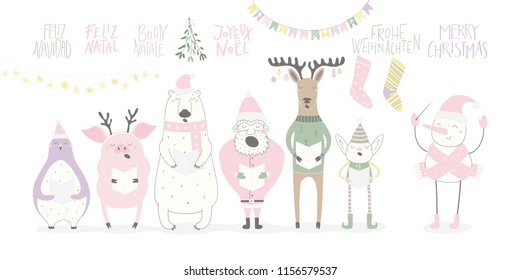 Hand drawn vector illustration of a funny singing Santa, elf, animals, with quote Merry Christmas in different languages. Isolated objects on white background. Flat style design. Concept card, invite.