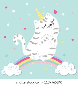 Hand drawn vector illustration funny cat under the rainbow. Design concept for children print.