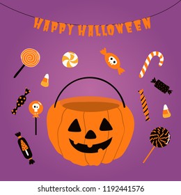 Hand drawn vector illustration of a funny pumpkin candy bag, with text Happy Halloween. Isolated objects. Scandinavian style flat design. Concept for children print, party invitation.