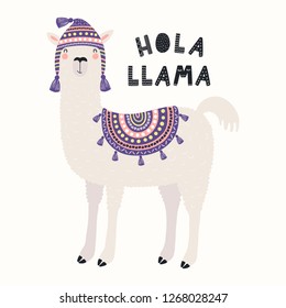 Hand drawn vector illustration with funny llama in a traditional Peru hat, with Spanish text Hola, Hello. Isolated objects on white background. Scandinavian style flat design. Concept children print.