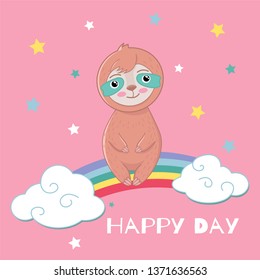 Hand drawn vector illustration funny sloth on the rainbow. Design concept for children print