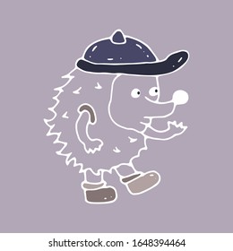 Hand drawn vector illustration funny hedgehog in a cap and sneakers. Cartoon character element for greeting cards, posters, T-shirts, cups, stickers and design. 