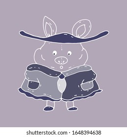 Hand drawn vector illustration funny fashionable pig in a coat and a wide-brimmed hat. Cartoon character element for greeting cards, posters, T-shirts, cups, stickers and design. 