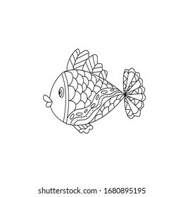 Hand drawn vector illustration. Funny fish with an ornament on a white background, cute coloring book for kids. Simple form in Doodle style.