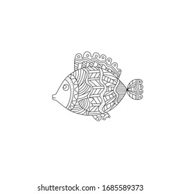  Ilustración vectorial dibujada a mano. Pescado divertido con adorno sobre fondo blanco, libro adorable para los niños. Forma simple en estilo Doodle.