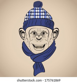Hand Drawn Vector Illustration of Funny Monkey  in Knitted Scarf and Hat. Hipster vintage style