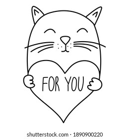 Dibujo manual de la ilustración vectorial de una cara graciosa de gato con texto Amor escrito dentro del corazón. Objetos aislados sobre fondo blanco. Tarjetas de felicitación de Cute valentine con gatos doodle