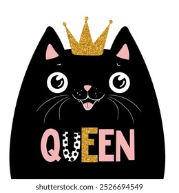 Hand drawn vector illustration of a funny cat queen with crown and text Queen. Isolated objects on white background