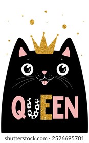 Dibujado a mano Ilustración vectorial de una reina gato divertido con corona y texto Reina. Objetos aislados sobre fondo blanco