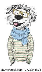 Ilustración vectorial dibujada a mano de un divertido perro hipster con gafas, bufanda y suéter de rayas. Carácter animal del estilo del bosquejo con los colores pastel, aislados en blanco.