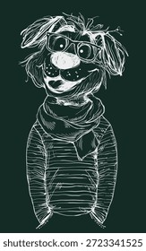 Ilustración vectorial dibujada a mano de un divertido perro hipster con gafas, bufanda y suéter de rayas. Carácter animal del estilo del bosquejo con los colores pastel, aislados en fondo verde oscuro.