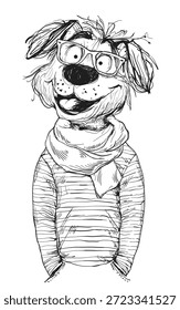 Ilustración vectorial dibujada a mano de un divertido perro hipster con gafas, bufanda y suéter de rayas. Carácter animal del estilo del bosquejo con los colores pastel, aislados en blanco.