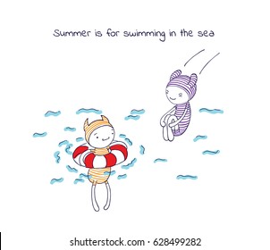 Hand drawn vector illustration of funny cartoon creatures in striped jump suits and hats, text Summer is for swimming in the sea. Design concept for children's postcard, poster, sticker, T-shirt print